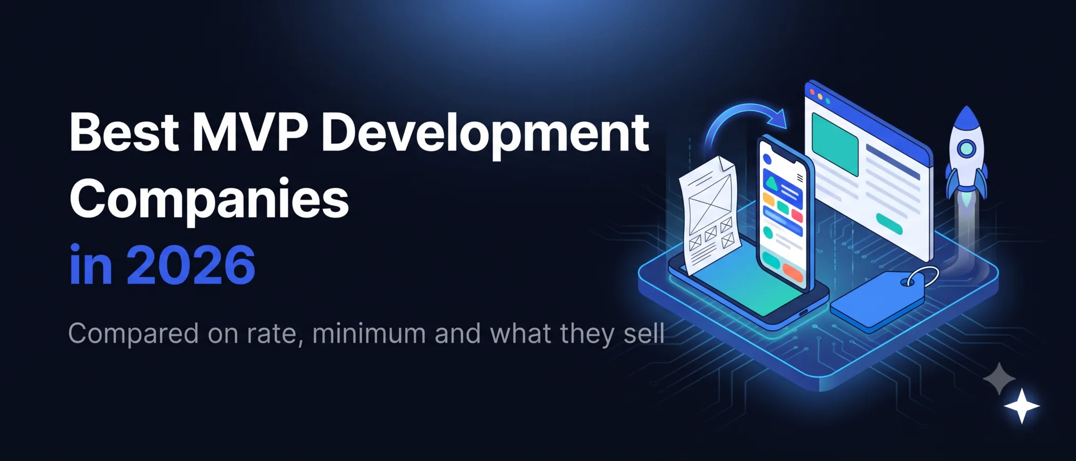 Best MVP Development Companies in 2026, compared on rate, minimum and what they sell, with an isometric wireframe turning into a phone app and browser window beside a rocket and a price tag