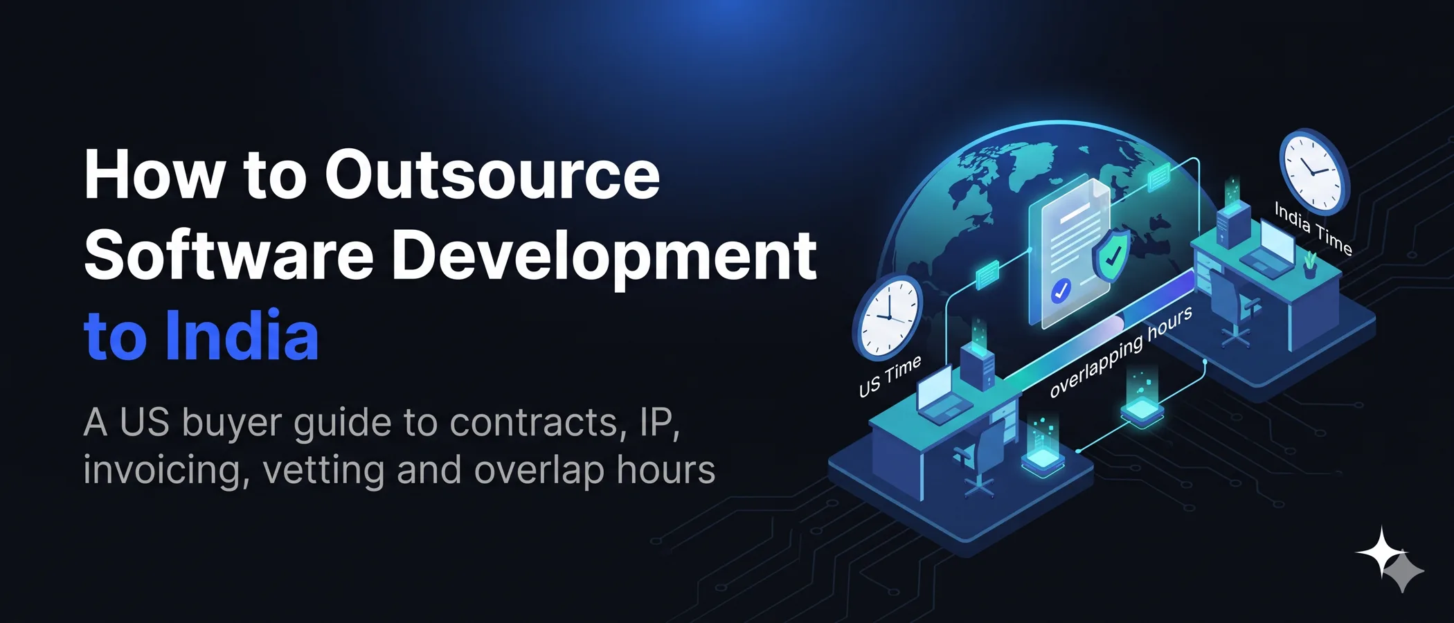 How to Outsource Software Development to India blog cover, a US buyer guide to contracts, IP, invoicing, vetting and overlap hours, showing two desks labeled US Time and India Time linked across a globe by a contract with a shield and an overlapping hours bar