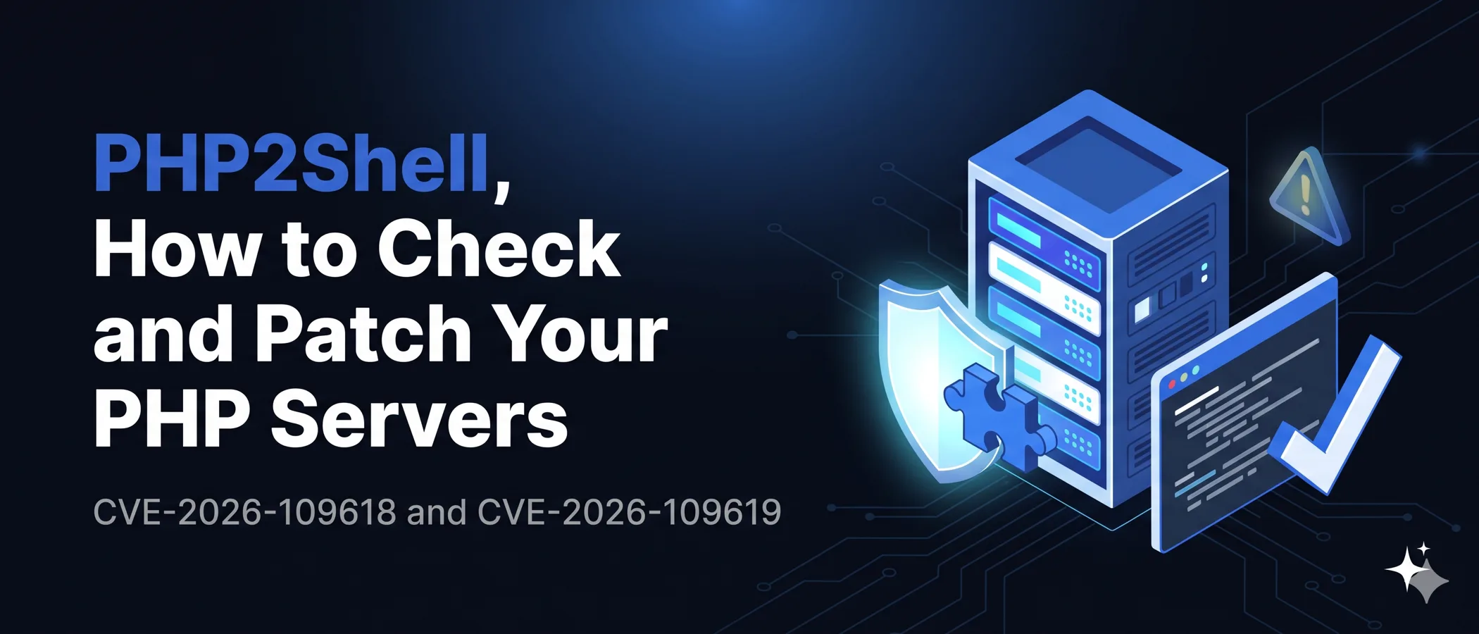 PHP2Shell, How to Check and Patch Your PHP Servers blog cover, CVE-2026-109618 and CVE-2026-109619, showing a server rack with a glowing shield and a blue puzzle piece, a code window with a check mark and a warning triangle