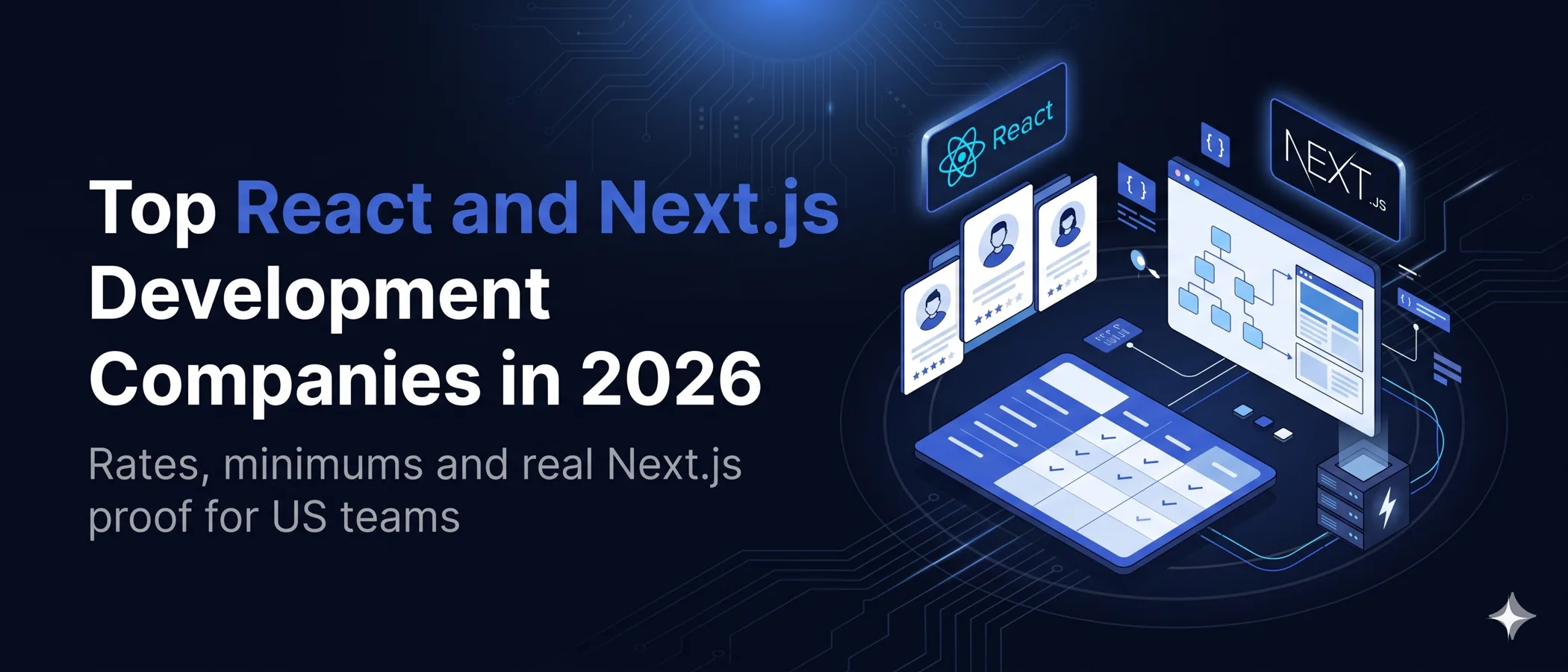 Top React and Next.js Development Companies in 2026 cover with the React and Next.js logos, floating agency cards, a comparison table and a server rack for server rendering